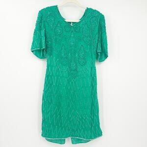 Mark & John Womens VTG Vintage 100%‎ Silk Beaded Sequin Cocktail Dress M Green